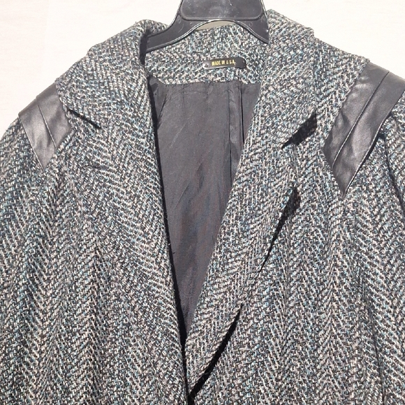 Vintage Wool Herringbone Pea Coat, Double Breasted, Leather Details, Sz 20, NWOT - Picture 3 of 15